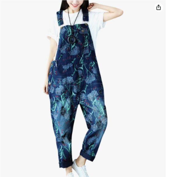 Denim Jean Overalls Japanese Floral Artsy Distressed Carpenter Loose Fit Large - Picture 1 of 16